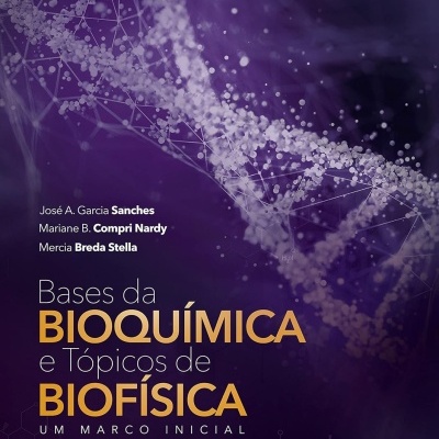 Capa de livro Bases da Bioquímica e Tópicos de Biofísica, fundo roxo com hélice de ADN