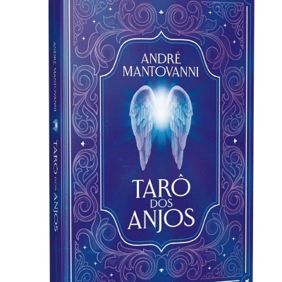 Capa de livro azul com asas de anjo e texto