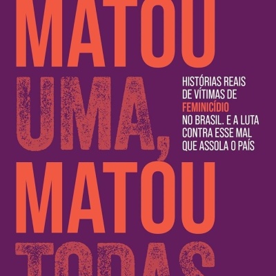 Capa de livro roxa com texto grande e laranja sobre feminicídio no Brasil
