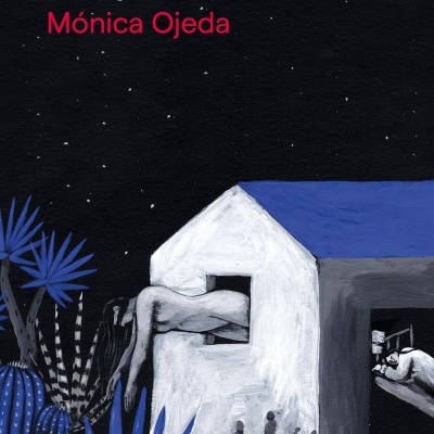 Capa do livro VOLADORAS com ilustração de casa branca, plantas azuis e figuras humanas