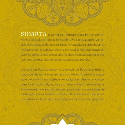 Capa de livro amarela decorada com mandalas e texto em português sobre o romance Sidarta
