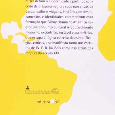 Contracapa de livro com texto em português e fundo amarelo com formas irregulares