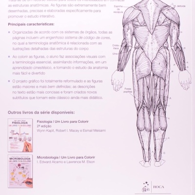 Contracapa de livro com texto em português e ilustração anatómica do corpo humano posterior.