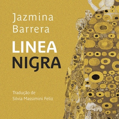 Capa de livro amarelo com título LINEA NIGRA e ilustração de mulher grávida com padrão dourado.