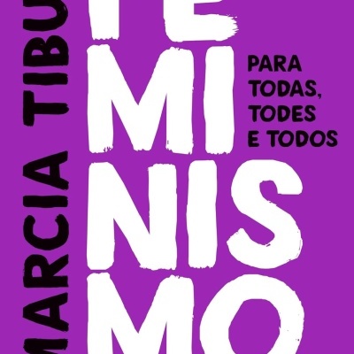 Capa de livro roxa com texto branco e preto sobre feminismo