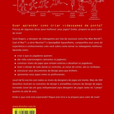 Contra capa de livro vermelho com ilustração de bonecos indicando distâncias em movimento e texto em português sobre design de videogames.
