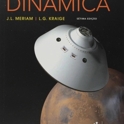 Capa de livro de mecânica para engenharia com título DINÂMICA e imagem de nave espacial sobre um planeta