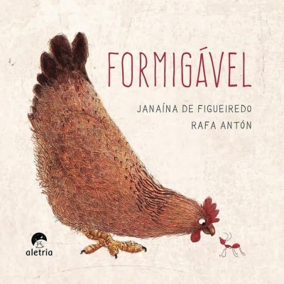 Capa de livro com ilustração de galinha e formiga e textos do título e autores
