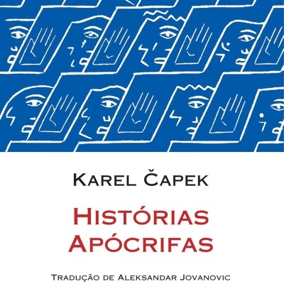 Capa do livro Histórias Apócrifas de Karel Čapek com padrão azul e branco de rostos estilizados