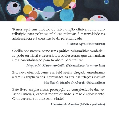 Contracapa de livro com texto em português, ilustração colorida abstrata e dados da editora.