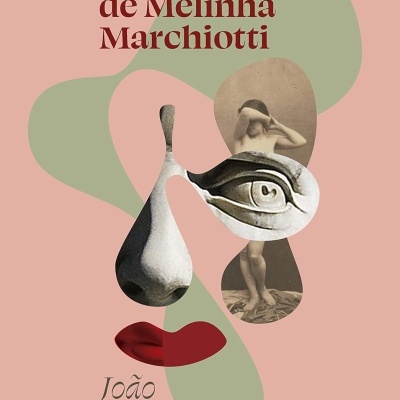 Capa de livro com título, autor, formas abstratas e colagem surrealista de rosto e criança