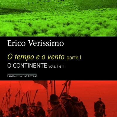 Capa do livro O tempo e o vento parte I de Erico Verissimo com fotos em verde e vermelho e texto