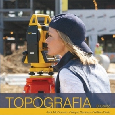 Capa do livro de topografia com mulher usando equipamento de medição amarelo