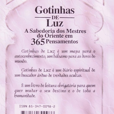 Contra-capa de livro Gotinhas de Luz com texto descritivo e código de barras