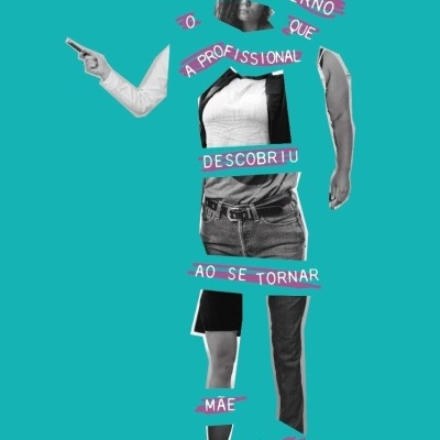 Montagem de recortes fotográficos de pessoas em fundo azul com texto sobre feminismo materno e autoria.