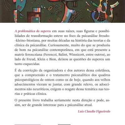 Contracapa de livro com ilustração abstrata colorida e texto em português