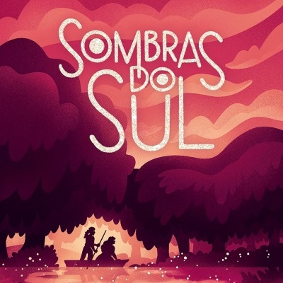 Capa de livro Sombras do Sul com ilustração de duas pessoas num barco e texto em rosa e roxo