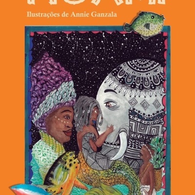 Capa de livro infantil colorida com título KUAMI e ilustração de figuras humanas, peixe e elefante decorados