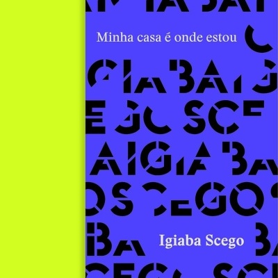 Capa de livro azul e amarelo com texto e padrão de letras