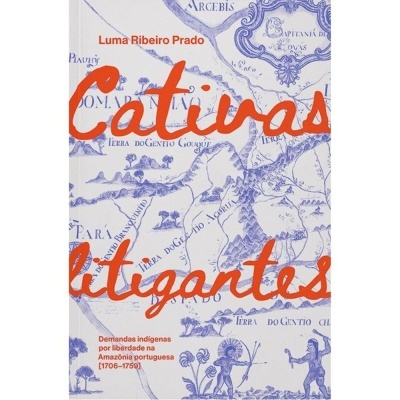 Capa de livro com título em laranja e fundo com mapa azul e figuras indígenas