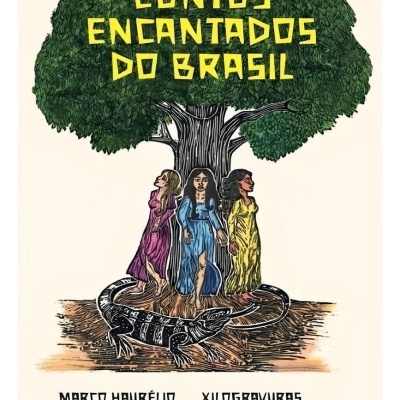 Ilustração de três mulheres junto a uma árvore e um lagarto, com texto em amarelo e preto.