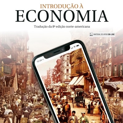 Capa de livro Introdução à Economia com imagem de mercado antigo e smartphone sobreposto