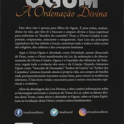Capa do livro OGUM A Ordenação Divina com texto em várias cores, resumo, código QR e ISBN