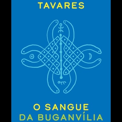 Capa de livro azul com texto amarelo e desenho branco abstrato