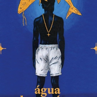 Capa de livro com homem de costas, peixe dourado e texto em amarelo