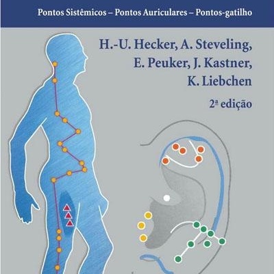 Capa do livro Atlas Colorido de Acupuntura com ilustrações de pontos de acupuntura no corpo e orelha.