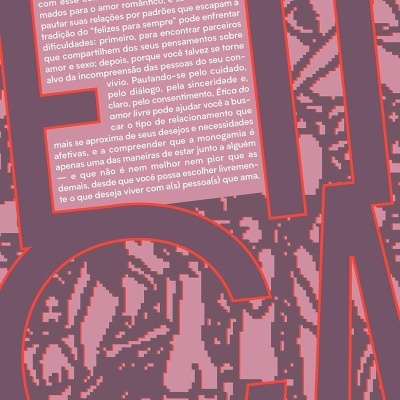 Capa traseira de livro roxa com texto e padrão geométrico