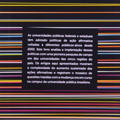 Contracapa de livro com linhas coloridas e texto em português sobre políticas públicas
