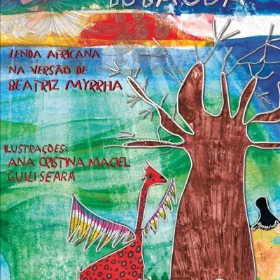 Capa de livro infantil com árvore baobá, girafa colorida e texto em português