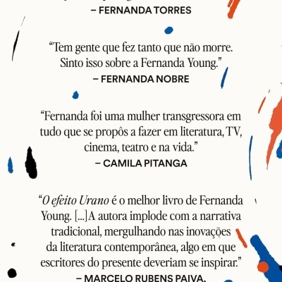 Contracapa de livro com citações em português e manchas coloridas azul, preto e laranja