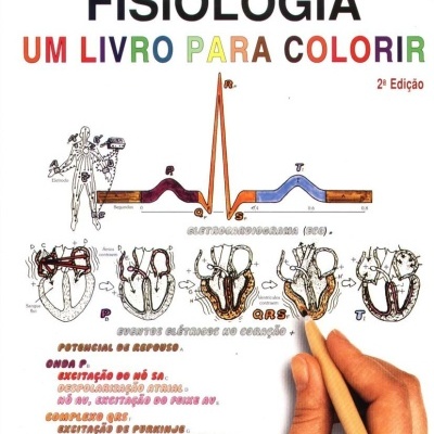 Capa de livro de fisiologia para colorir com desenhos anatómicos e texto colorido