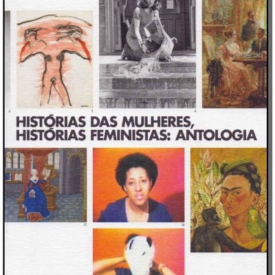 Capa de livro com título em preto e várias imagens de mulheres em arte e fotografia