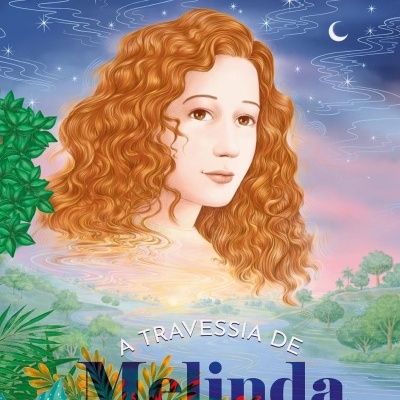 Capa de livro com jovem ruiva, céu estrelado e vegetação