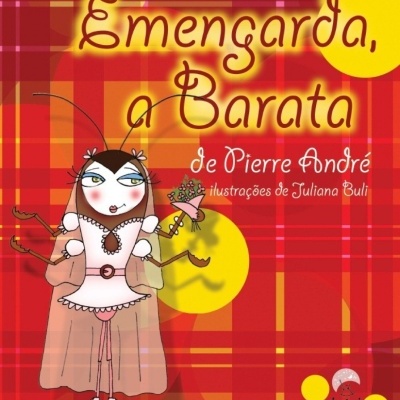 Capa de livro infantil com ilustração de barata vestida de noiva em fundo xadrez vermelho e amarelo.