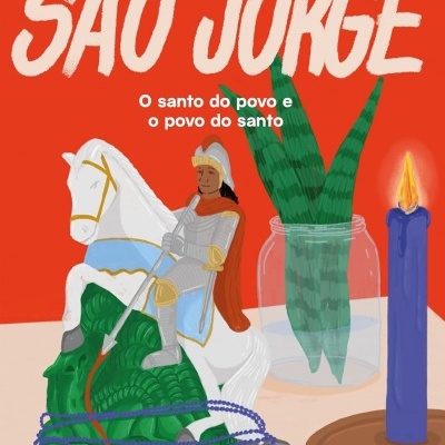 Capa de livro São Jorge com estátua, planta e vela azul