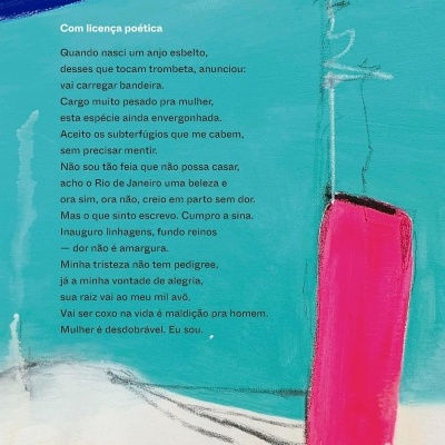 Contracapa de livro com fundo azul, branco e rosa e texto em português