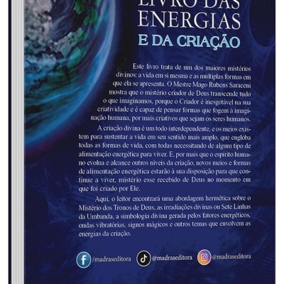Capa traseira de livro azul escuro com texto e imagens, título LIVRO DAS ENERGIAS E DA CRIAÇÃO