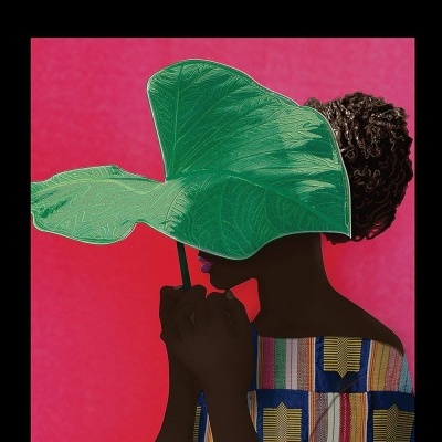Capa de livro com silhueta feminina, folha verde grande e fundo vermelho.
