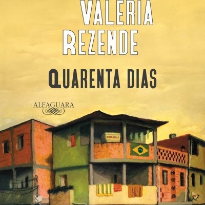 Capa do livro Quarenta Dias com ilustração de edifício colorido e texto principal em amarelo.