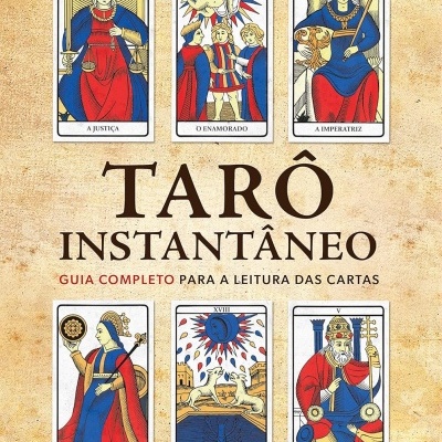 Capa de livro com cartas de tarô coloridas e texto em português