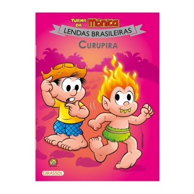 Capa de livro infantil Turma da Mônica Lendas Brasileiras Curupira cor-de-rosa com personagens desenhadas