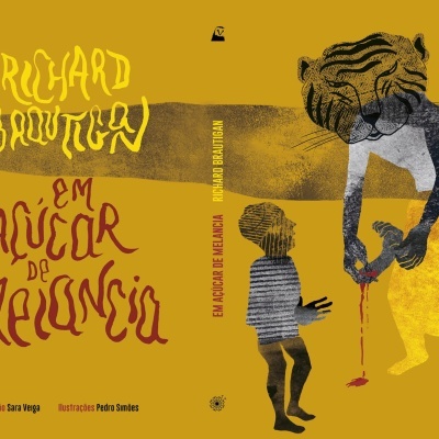 Capa de livro com ilustração de figura humana com cabeça de tigre e menino, texto RICHARD BRAUTIGAN e EM AÇÚCAR DE MELANCIA.