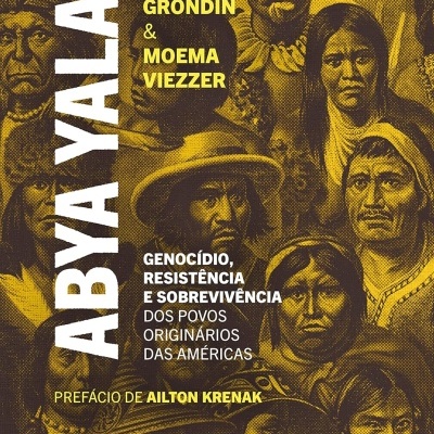 Capa de livro com ilustrações de rostos de povos originários e texto em branco e amarelo