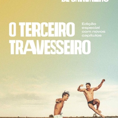Capa do livro O TERCEIRO TRAVESSEIRO de Nelson Luiz de Carvalho com imagem de dois homens a saltar para um lago.