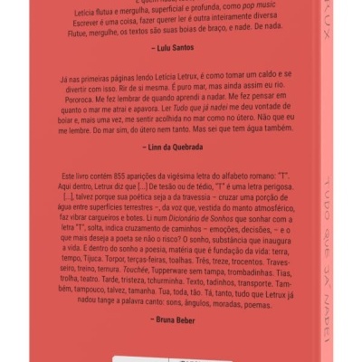 Parte traseira do livro rosa coral com texto impresso em preto