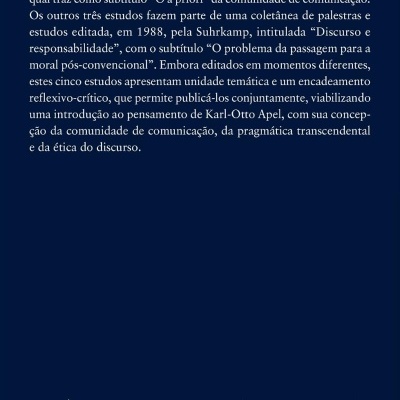 Capa traseira de livro azul com texto branco sobre estudos filosóficos e código ISBN